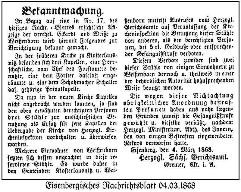 1868-03-04 Kl Strafe fuer Stuhlnutzung Kirche